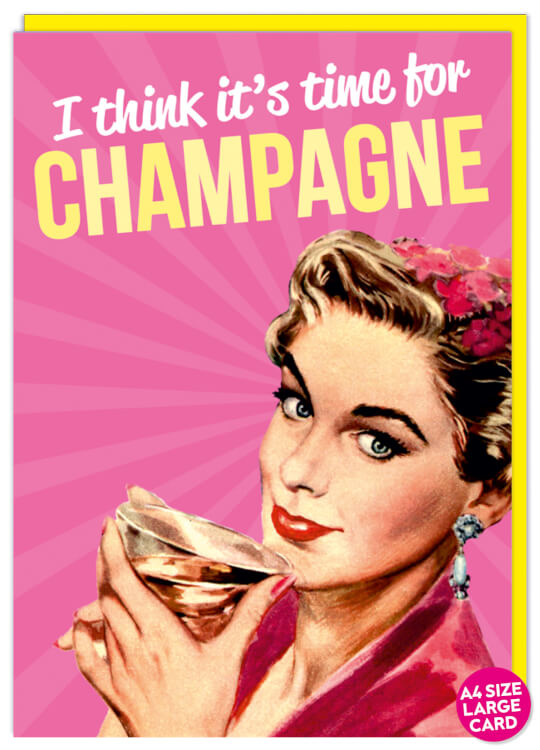An alternating dark and light pink greeting card with a retro-style drawing of a woman sipping champagne