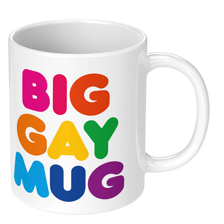 A white novelty mug with bold rainbow coloured text on both sides that reads Big gay mug