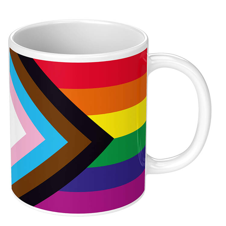 A novelty mug with the pattern of the progress pride flag on two sides of the handle