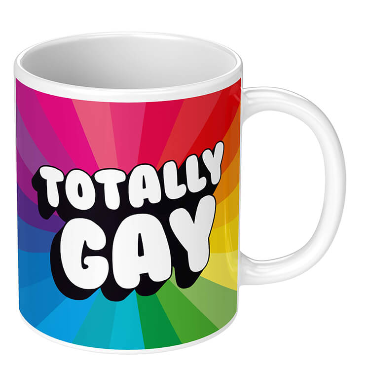 A novelty mug with a rainbow pattern coming out from the centre. Bold white 3D text in the middle of it reads totally Gay