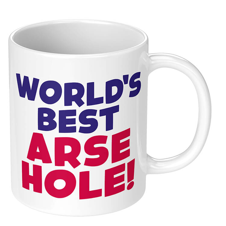 A white novelty mug with dark blue and red text that reads World's nest arsehole