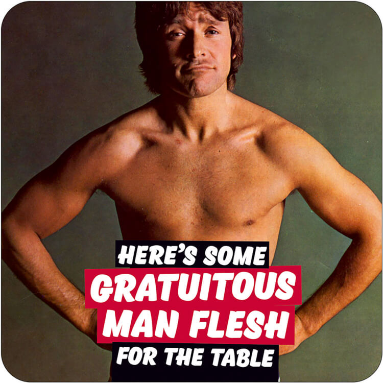 A grey coaster with a retro-style photo of a shirtless man flexing