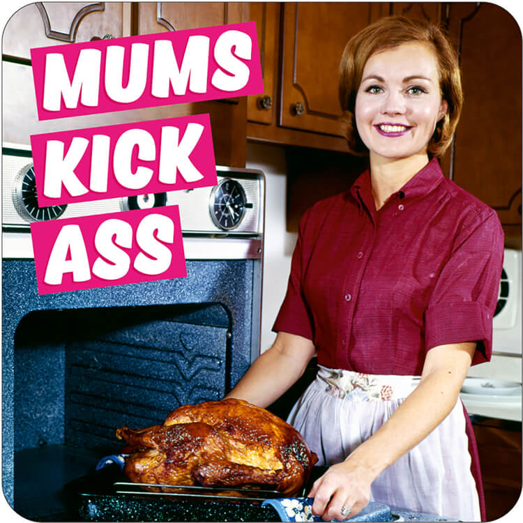 coaster with a retro-style photo of a woman taking a turkey out of the oven