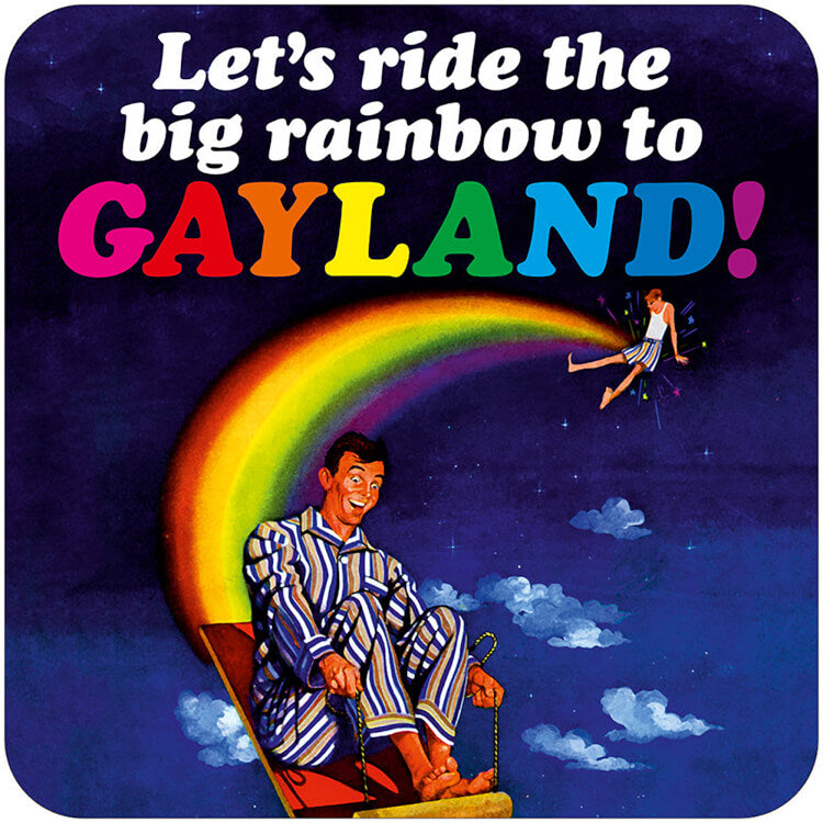 A vibrant coaster with a retro-style drawing of two men in pyjamas, sliding down a rainbow on a sled