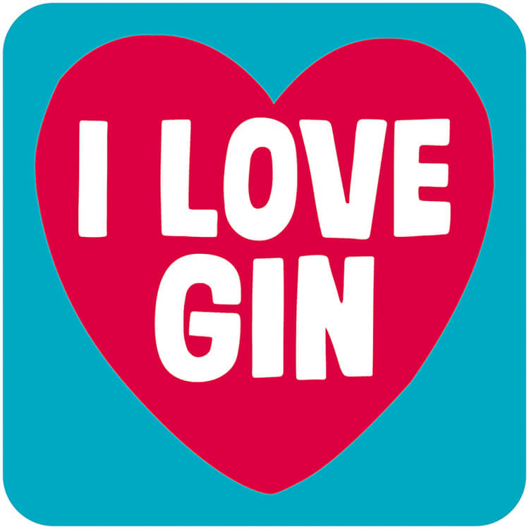 A light blue coaster with a big pink heart in the middle and the words I love gin in capitalised white font