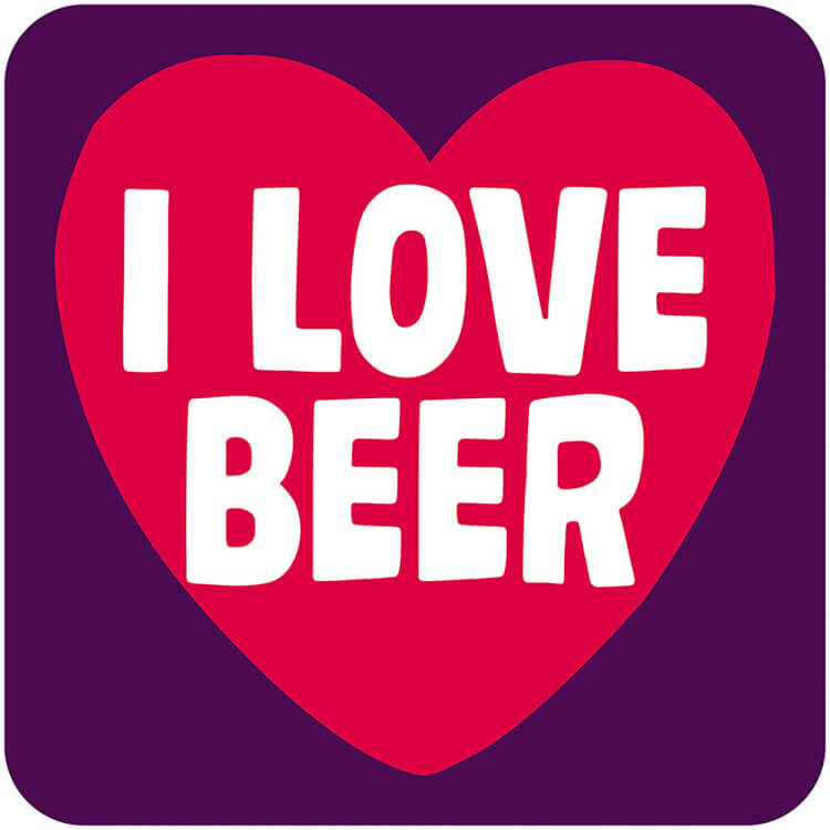 A coaster with a heart and text reading I love beer