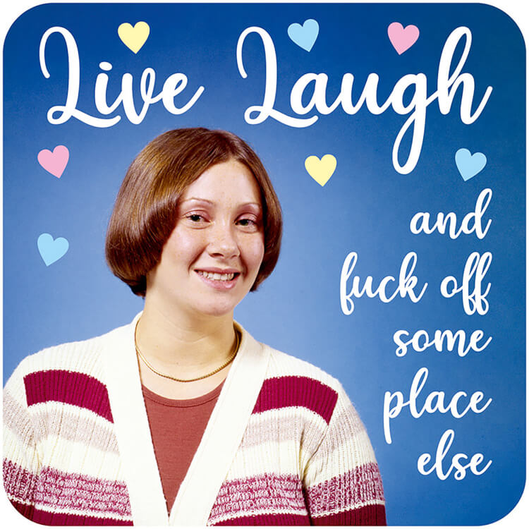 A coaster with a sarcastic looking woman in a striped cardigan in front of blue background