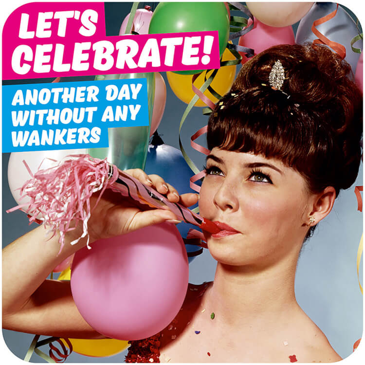 A coaster with a picture of a woman surrounded by balloons and party streamers