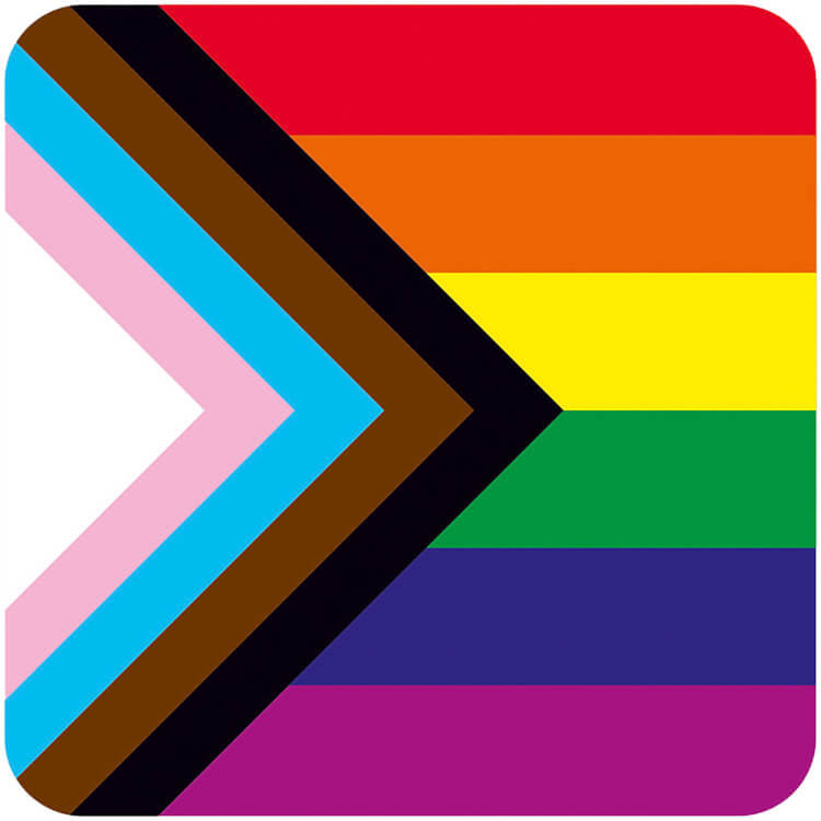 A coaster with the pattern of the progress pride flag