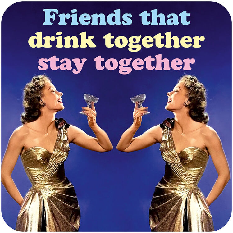 A coaster with a picture of two glamourous facing each other holding up a cocktail glass