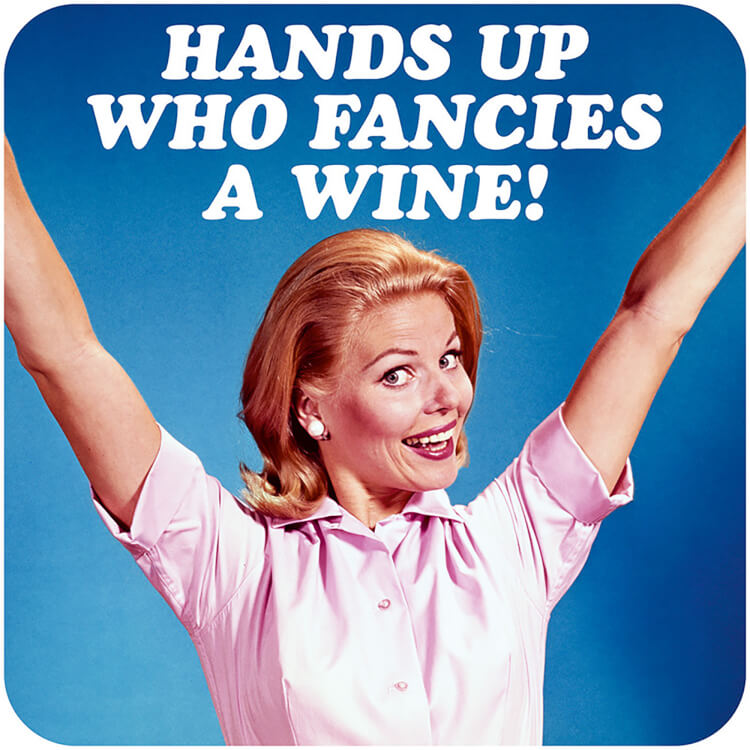 A coaster with a 1960s picture of a smiling blonde woman holding her hands up against a blue background