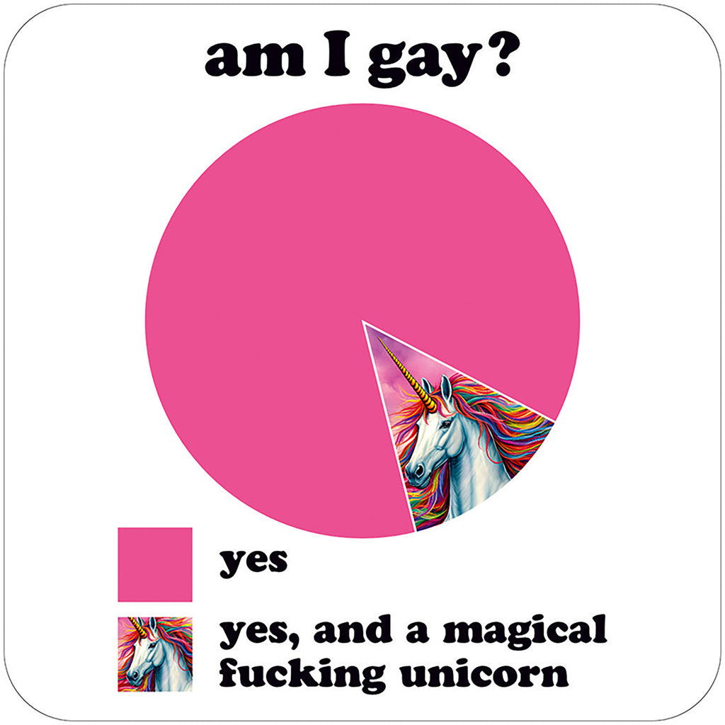 A funny white coaster with a pie chart split into pink and a picture of a rainbow unicorn