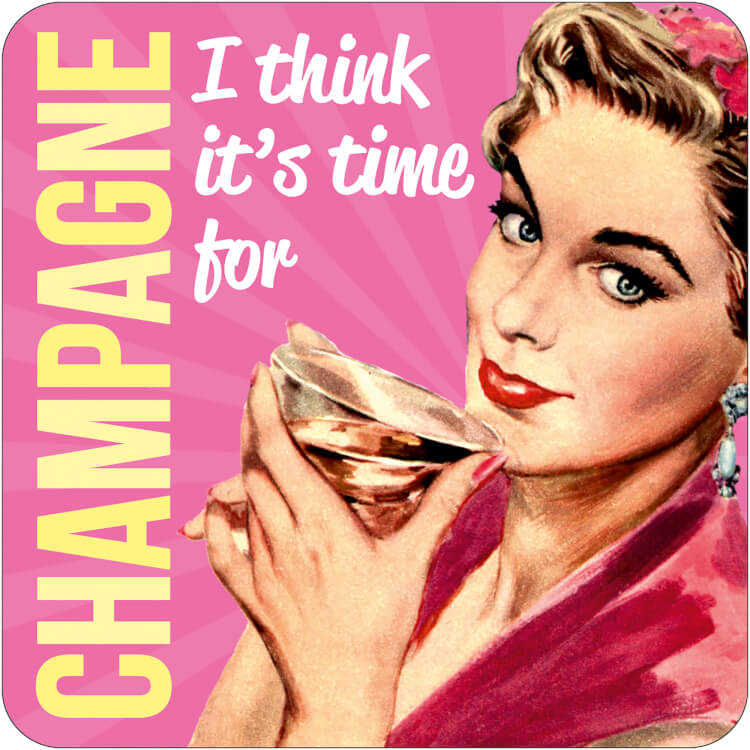 An alternating dark and light pink coaster with a retro-style drawing of a woman sipping champagne