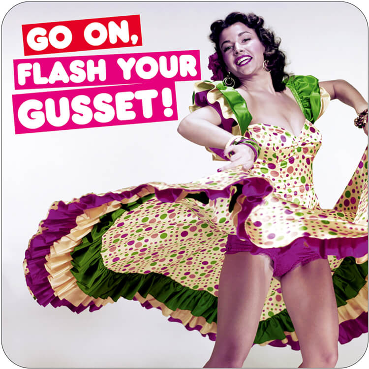 A white coaster with a retro-style photo of a woman in a fancy dress flashing her underwear