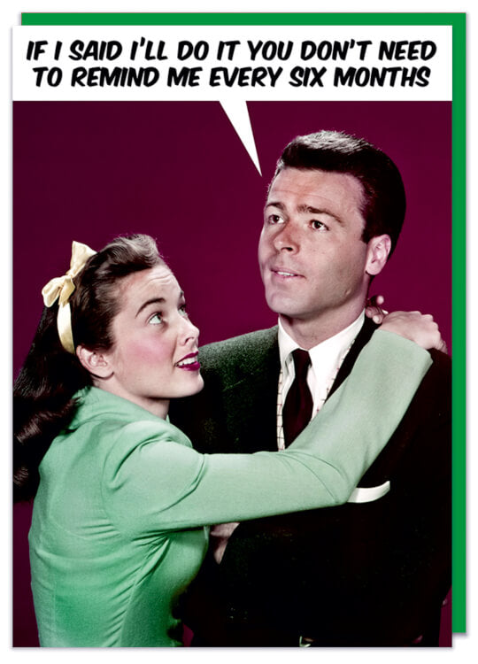 A burgundy retro-style greeting card with a woman looking hopefully up at a man that she has her arms around