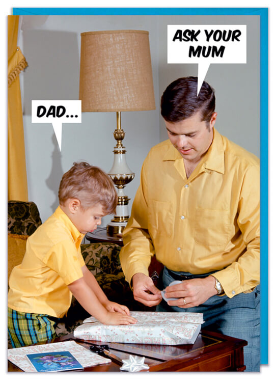 A funny Fathers Day card with a retro image of a dad and his son