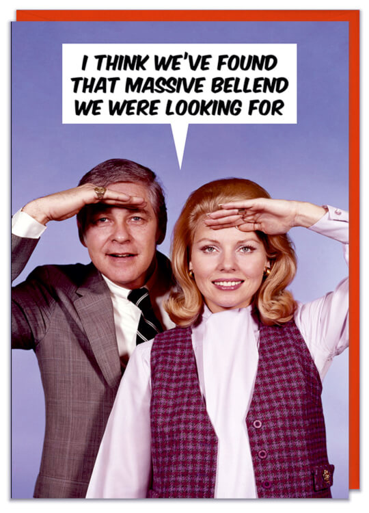 A birthday card with a 1960s photo of a male and female couple, hands raised over their eyes looking at camera