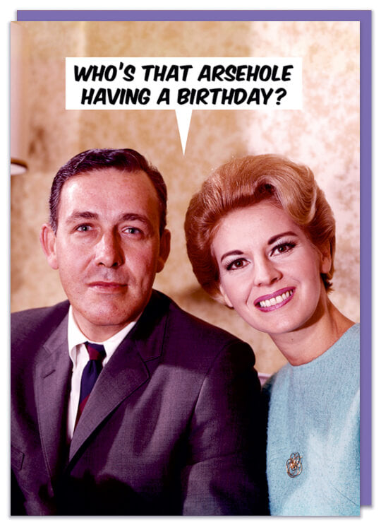 A birthday card with a 1960's picture of a smiling middle ages couple looking to camera