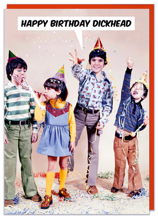 A birthday card with a retro picture of four young children celebrating with streamers, confetti and party horns