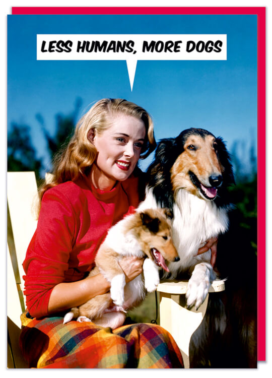 A birthday card with a picture of a smiling young woman holding a pair of collie dogs