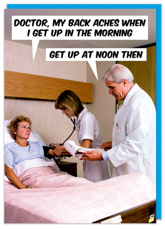 A birthday card with a retro picture of a doctor and nurse chatting to a middle aged lady in her hospital bed