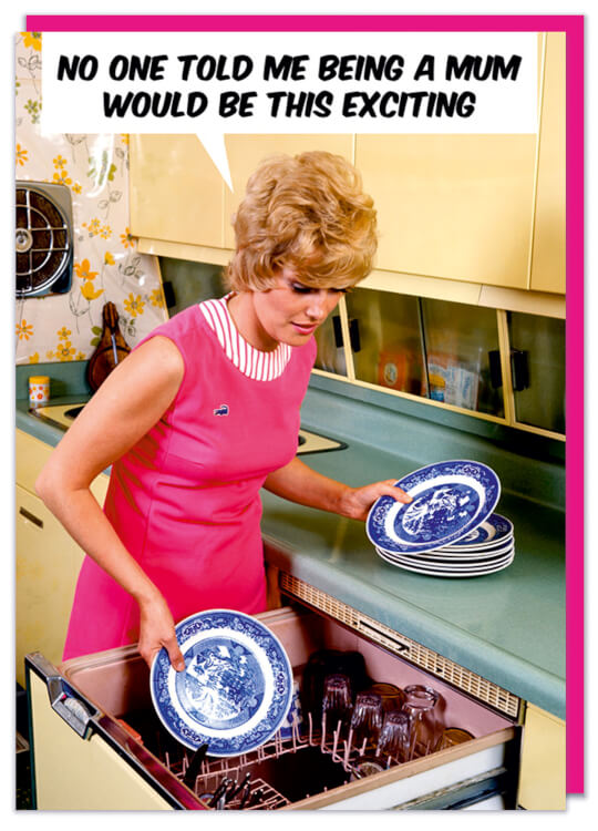 A Mother's Day card with a vintage photo of a young woman loading dishes into a dishwasher in a bright, retro kitchen