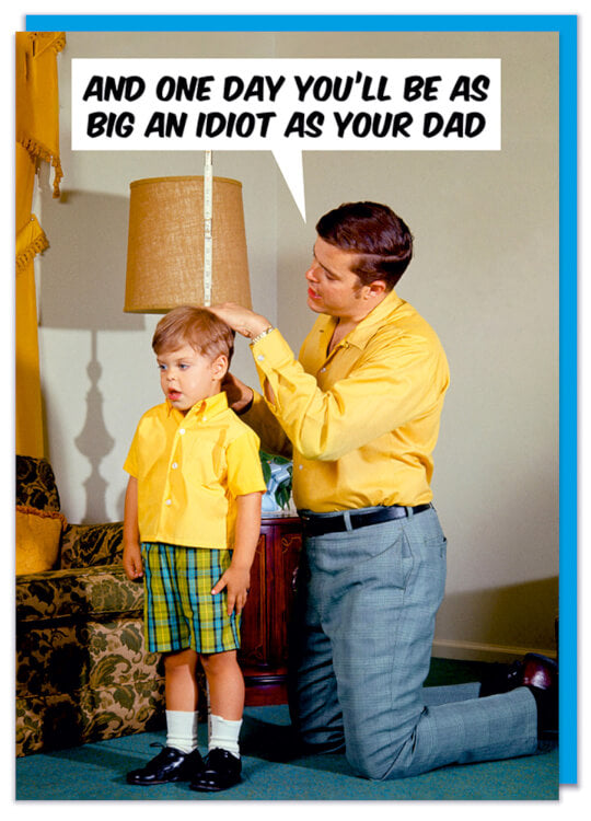 A Father's Day card featuring a 1960s picture of a Father measuring the height of his young son, both in bright yellow shirts
