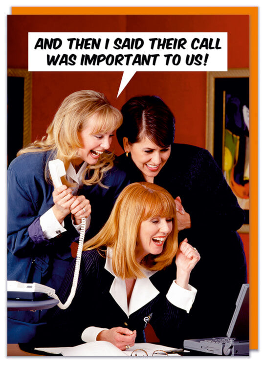 A birthday card featuring three smiling and laughing women holding a telephone and looking at a computer screen