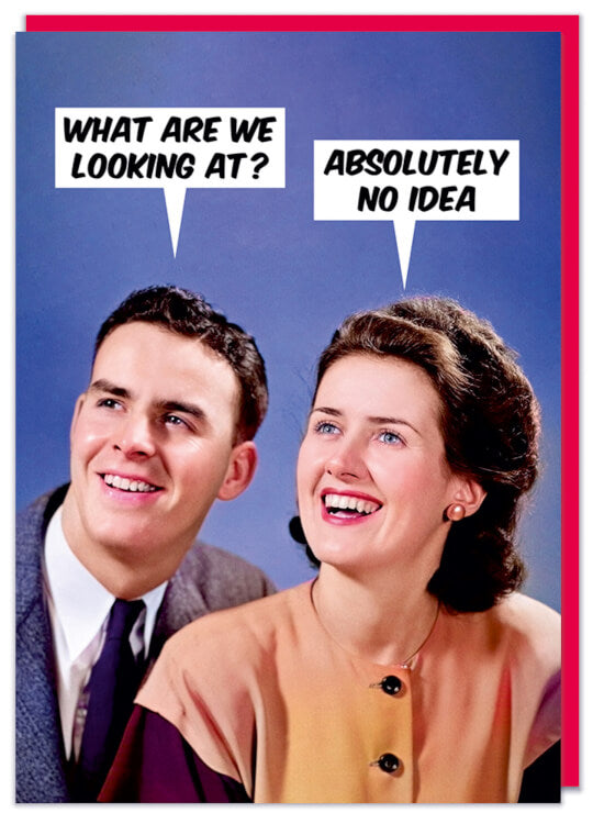 A greeting card with a 1960s picture of a young man and woman staring off into the distance