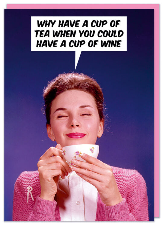 A birthday card with a retro photo of a smiling woman looking blissed out as she holds a cup up to her mouth