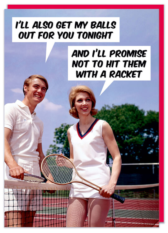 A funny card, perfect for Valentines featuring a smiling man and woman standing at a tennis net holding their rackets