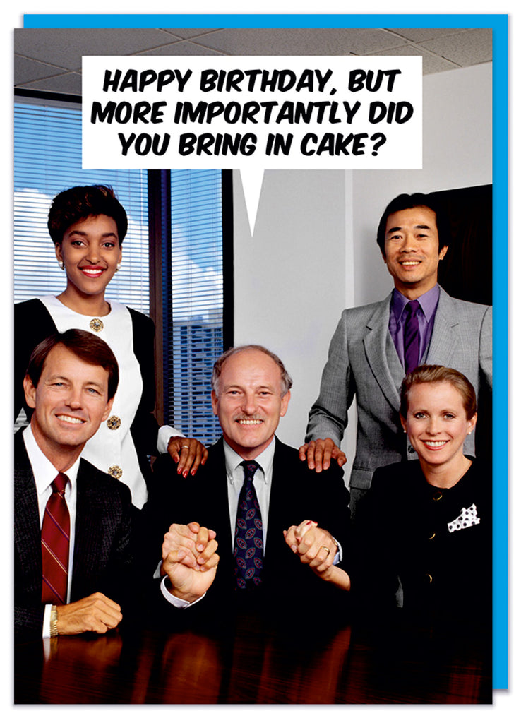 A funny birthday card with a 1980s picture of a smiling group of office employees all looking to camera