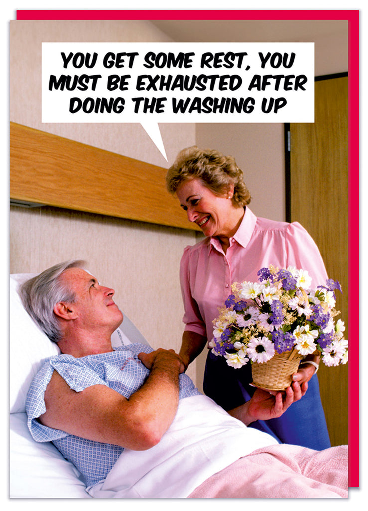 A funny birthday card featuring a retro picture of a middle aged man lying in a hospital bed being visited by his wife