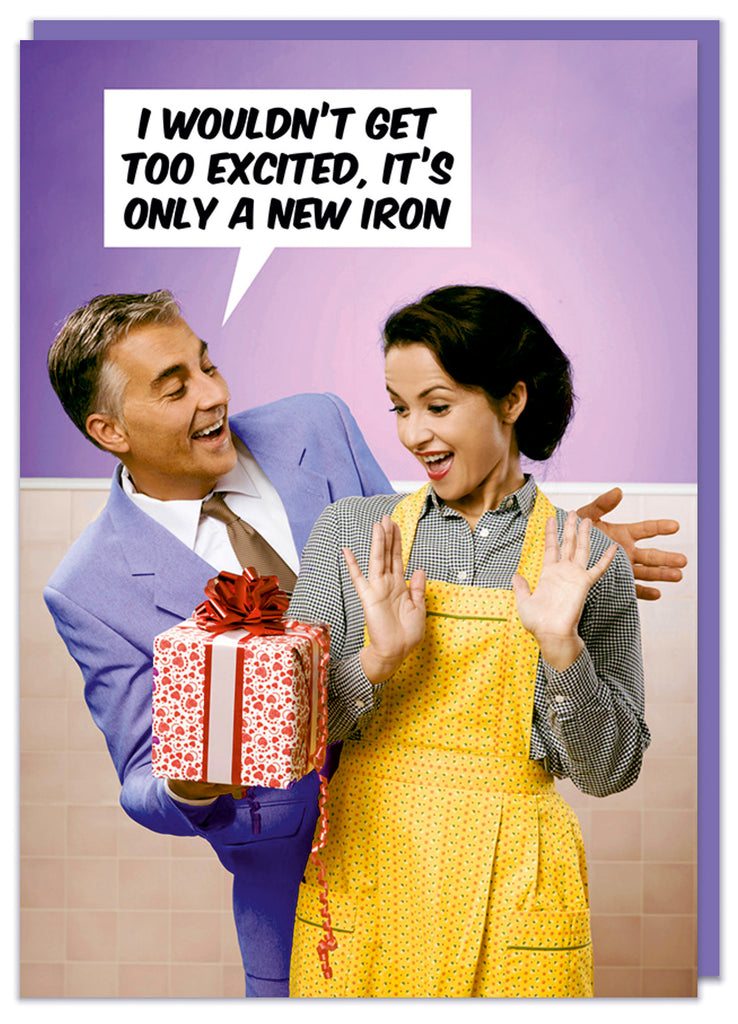 A funny birthday card featuring a retro styled picture of a husband giving his excited looking wife a birthday present