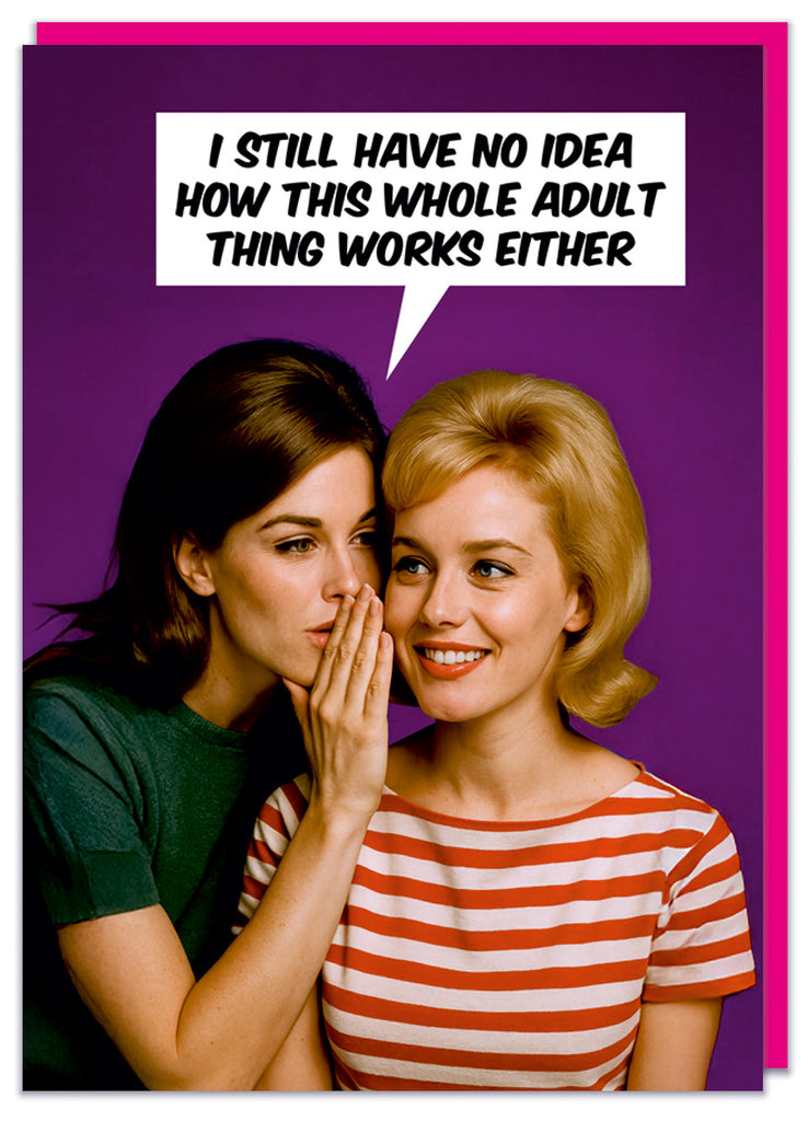 A funny birthday card with a 1960s picture of two young women closely whispering to each other in front of a purple background