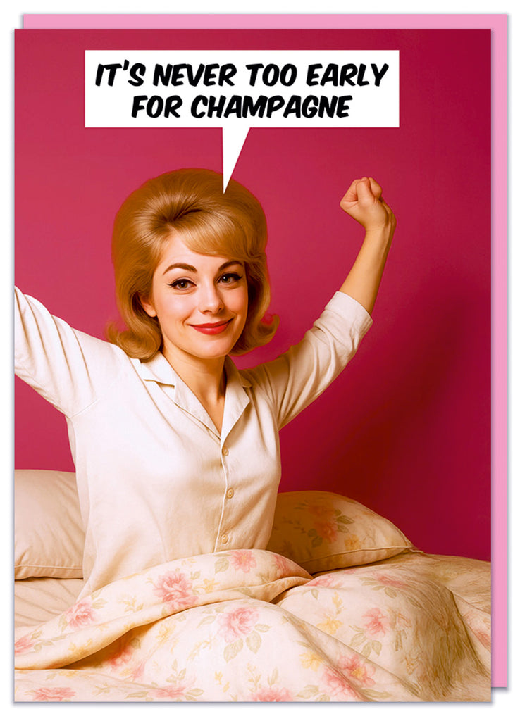 A funny birthday card featuring a retro picture of a young glamourous woman in a nightdress waking up against a pink background