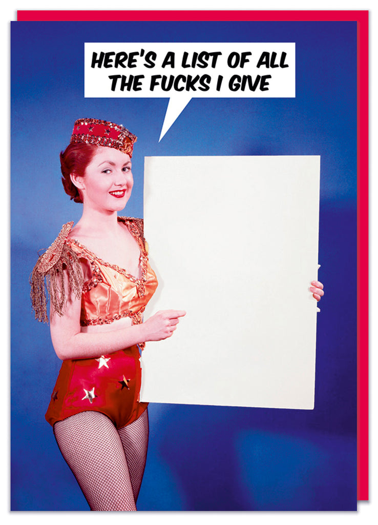 A funny birthday card featuring a 1950s picture of a smiling woman in a circus costume holding a blank white placard