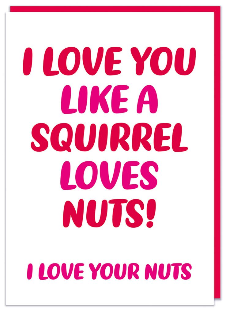 A plain white Valentine's Day card with simple rounded red and pink text that reads I love you like a squirrel loves nuts