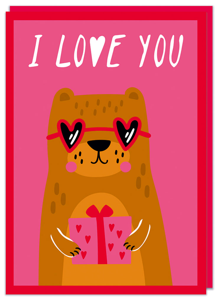 A cute Valentine's card with a deep red border and inside is an illustration of a cute bear wearing heart shaped shades and holding a present