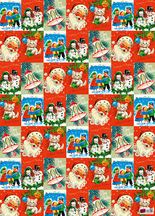Festive wrapping paper with vintage style drawings of Christmassy things such as Santa, children singing carols, snowmen, a bell and a cat playing with decorations