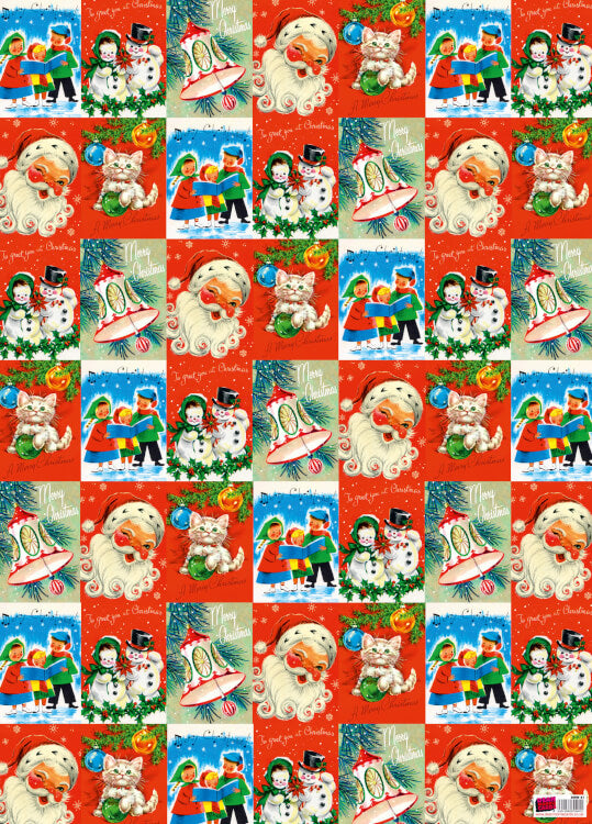 Festive wrapping paper with vintage style drawings of Christmassy things such as Santa, children singing carols, snowmen, a bell and a cat playing with decorations