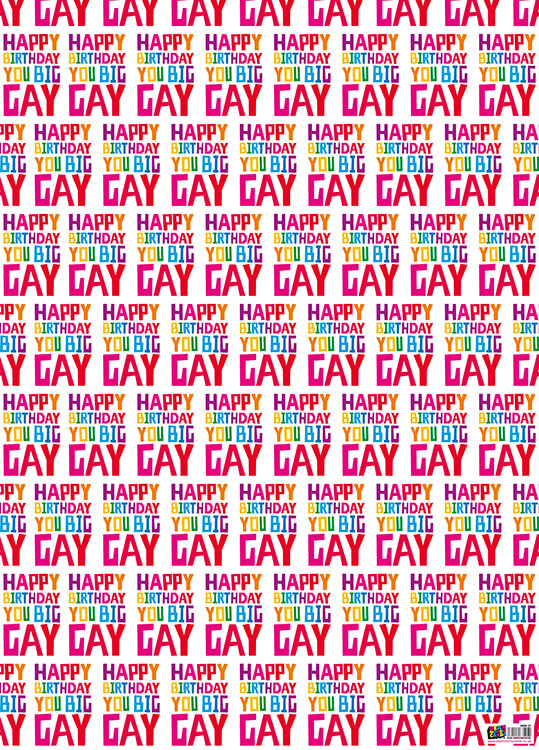 Bright white wrapping paper with the words Happy birthday you big gay in capitalised angular rainbow font