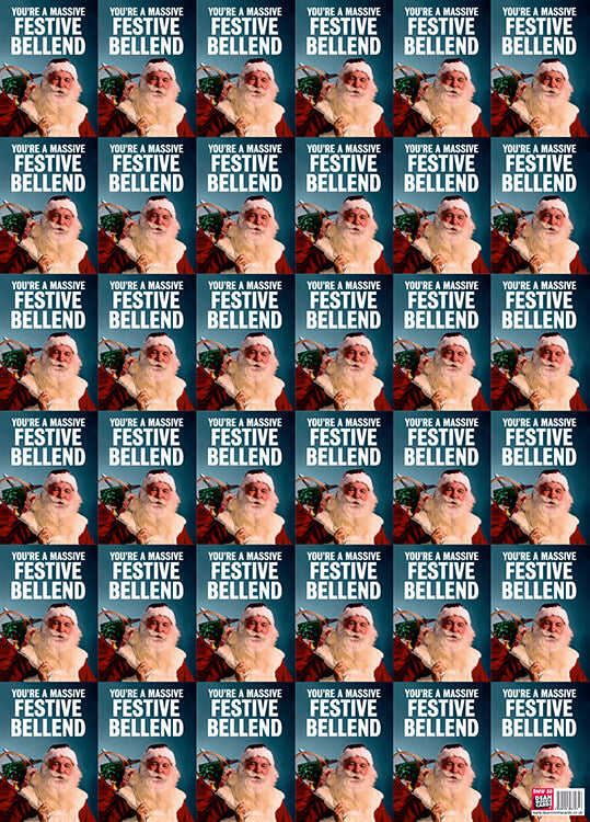 Dark blue wrapping paper with a picture of a jolly Santa holding a sack and above him are the words ‘You’re a massive festive bellend’ in capitalised white font. This repeats across the entire paper