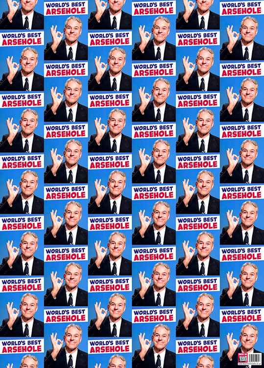 A birthday wrapping paper with the tiled repeated patter of a smiling middle aged man and above each picture red and blue text reads World's best arsehole