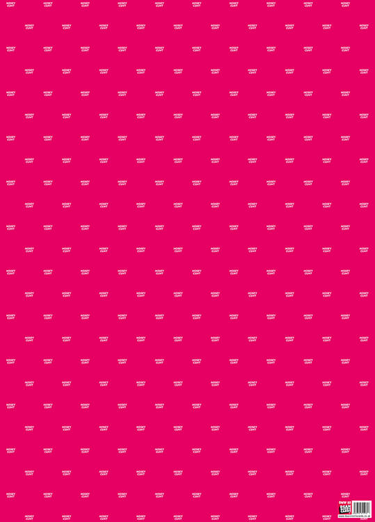 Deep pink wrapping paper with very small capitalised text repeated across and down reading Nosey cunt