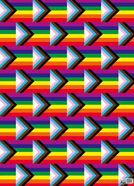 LGBTQ+ wrapping paper with the progress pride flag repeated top to bottom and side to side