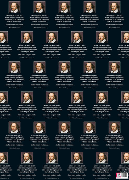 A black gift wrap with a repeated picture of William Shakespeare with a white border at the top