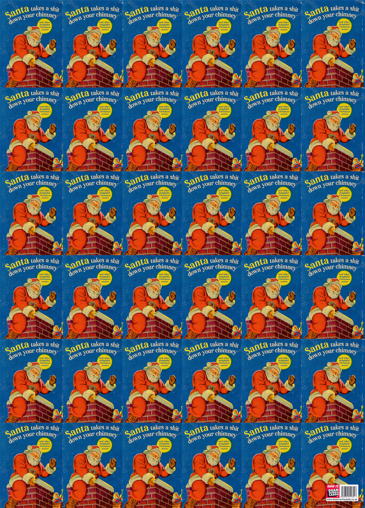 Christmas wrapping paper with a repeated illustration of Father Christmas sitting atop a chimney