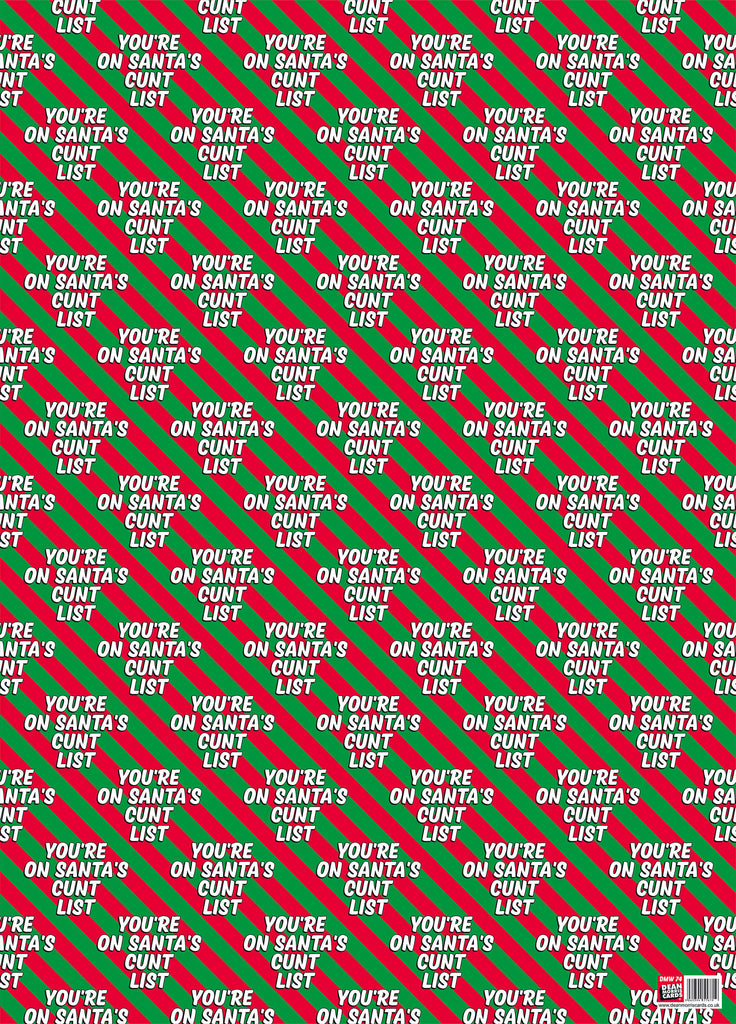 Christmas wrapping paper with repeated green and red stripes overlaid with repeated bold white text that reads You're on Santa's Cunt List