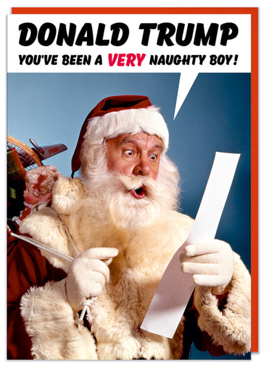 A Christmas card with a 1960s picture of Santa looking shocked reading a christmas list